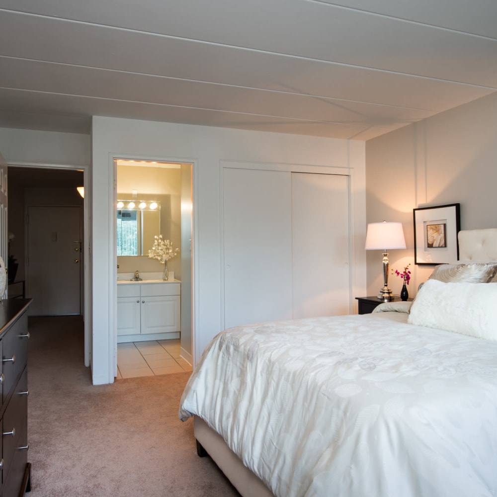 A spacious apartment bedroom at Claremont Towers in Hillsborough, New Jersey