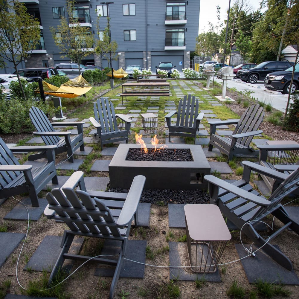 Outdoor seating and firepit at Pinnex in Indianapolis, Indiana