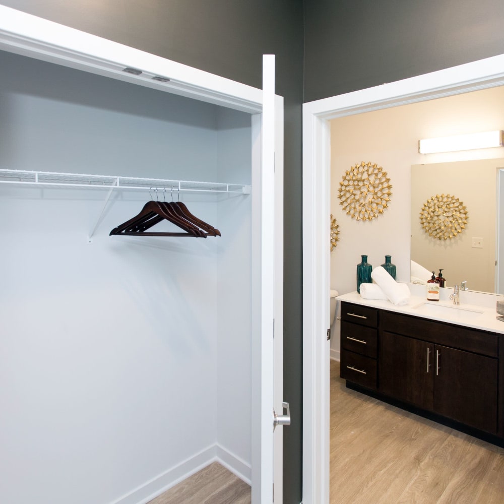 Walk-in closet attached to bathroom at Pinnex in Indianapolis, Indiana