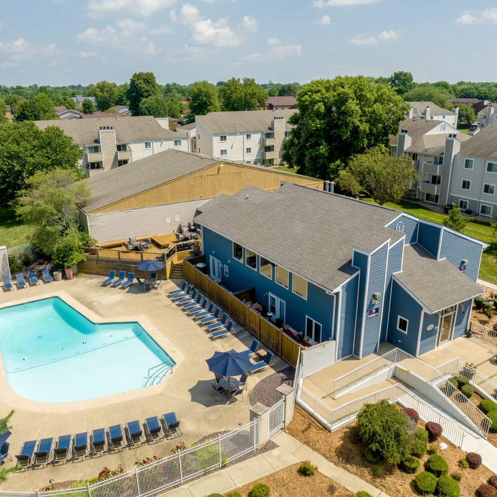 Pool and clubhouse at The Candles Apartments in Springfield, Illinois