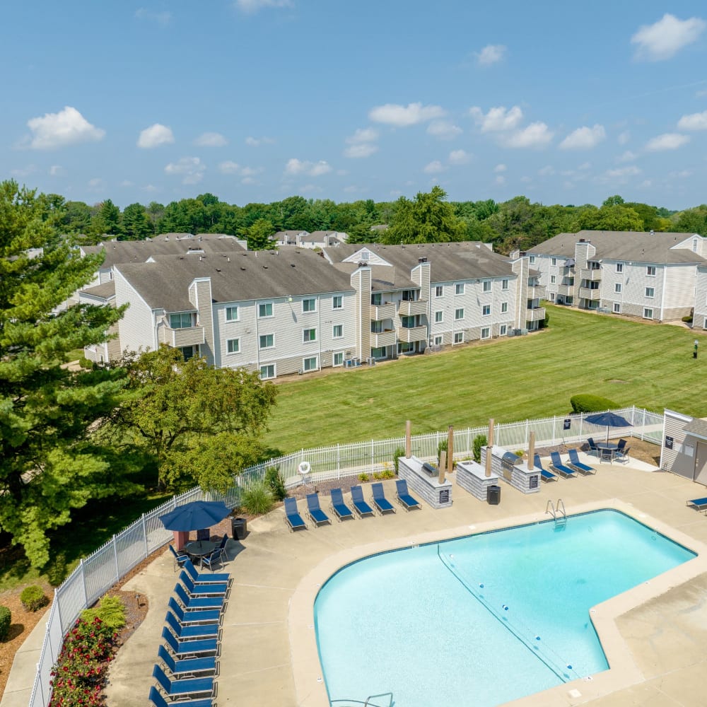 Aerial view of the pool at The Candles Apartments in Springfield, Illinois