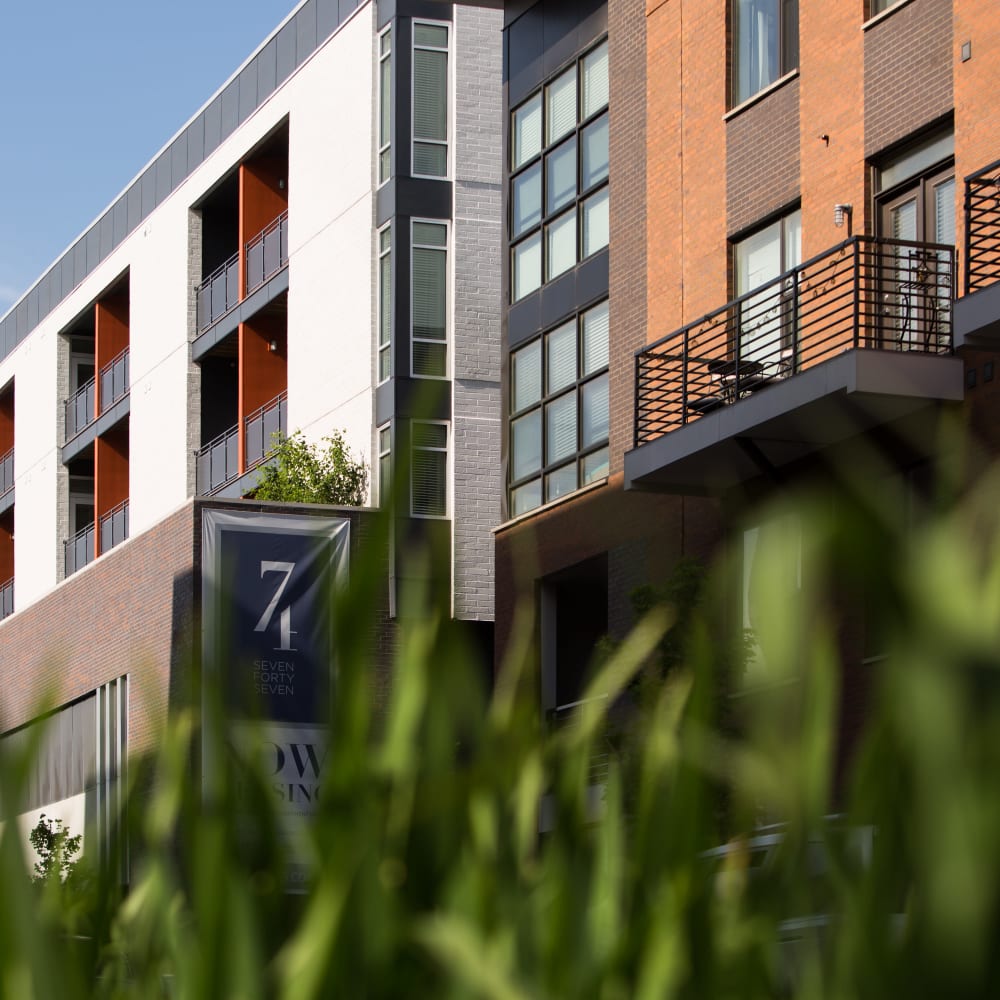 View of balconies from below at 747 in Indianapolis, Indiana
