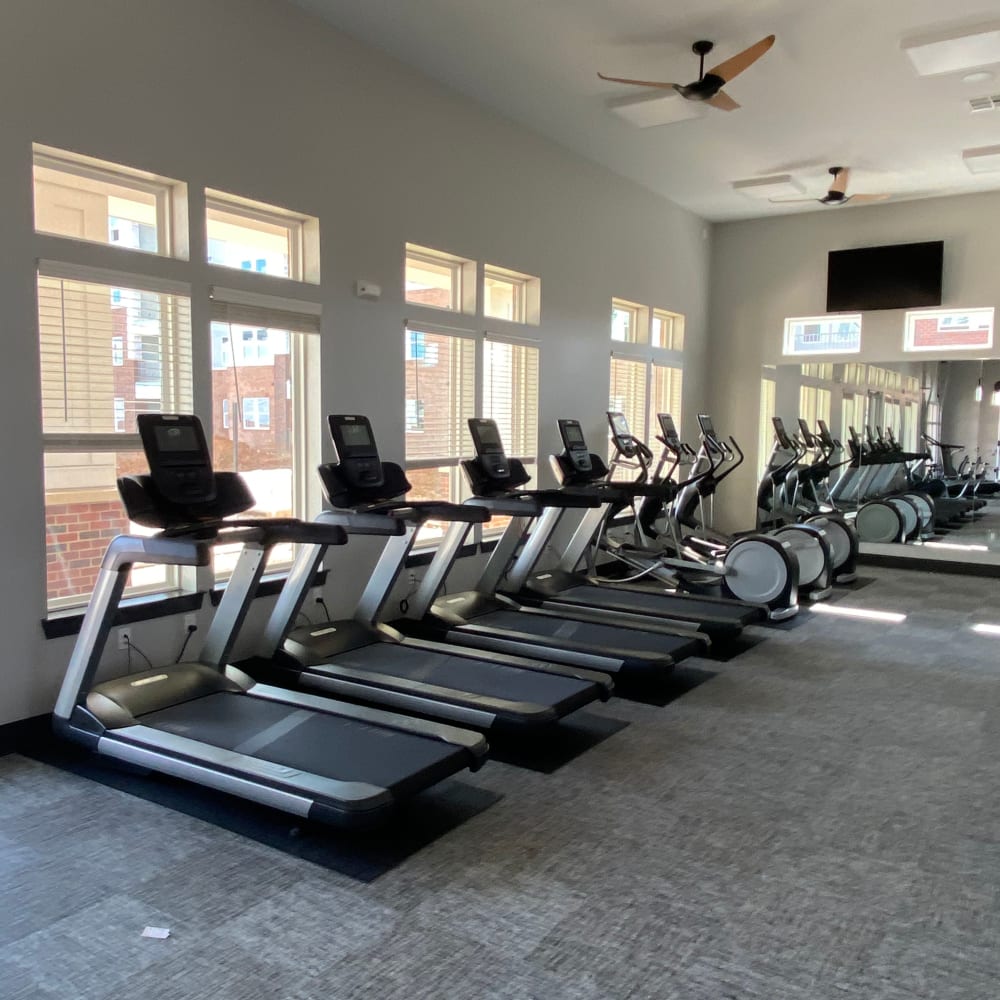 Fitness center with treadmills at Center West Apartments in Midlothian, Virginia