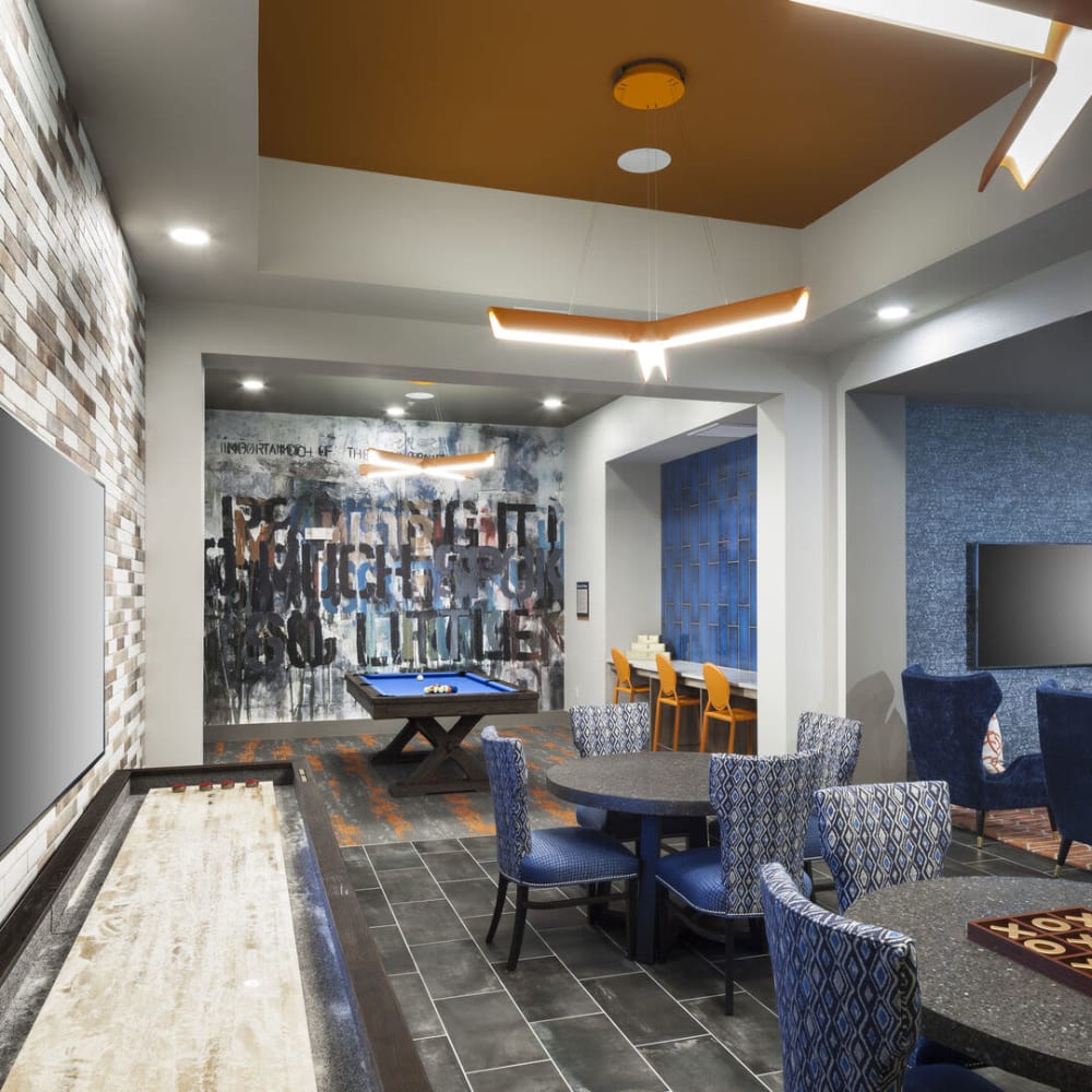 Modern recreation room at Alma Hub 121 in McKinney, Texas