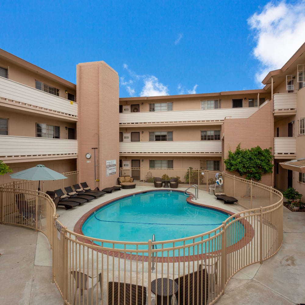 Sparkling pool at Emerald Manor Apartments in San Diego, California