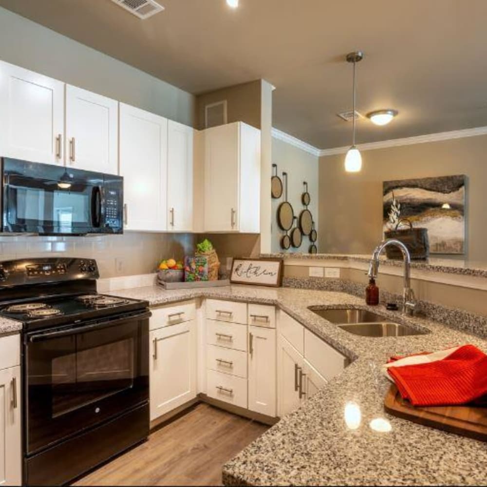Granite countertops and black appliances in an apartment kitchen at Lullwater at Blair Stone in Tallahassee, Florida