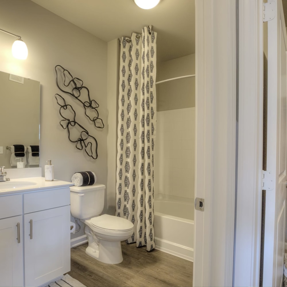 An apartment bedroom with a single sink and large bathtub at Lullwater at Blair Stone in Tallahassee, Florida