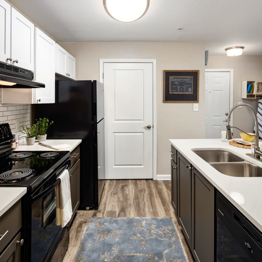 Black appliances in a model apartment kitchen at Heritage at Riverstone in Canton, Georgia