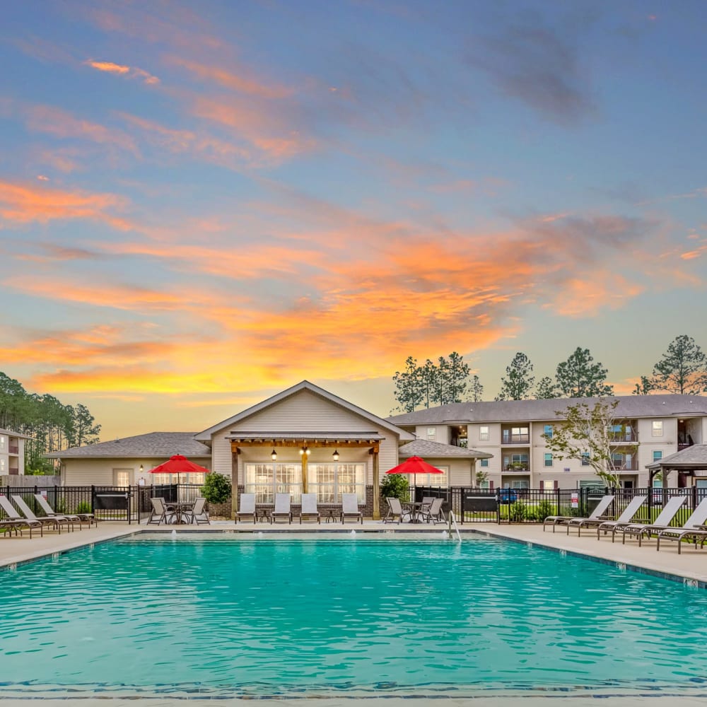 The community swimming pool at dusk at Reagan Crossing in Covington, Louisiana