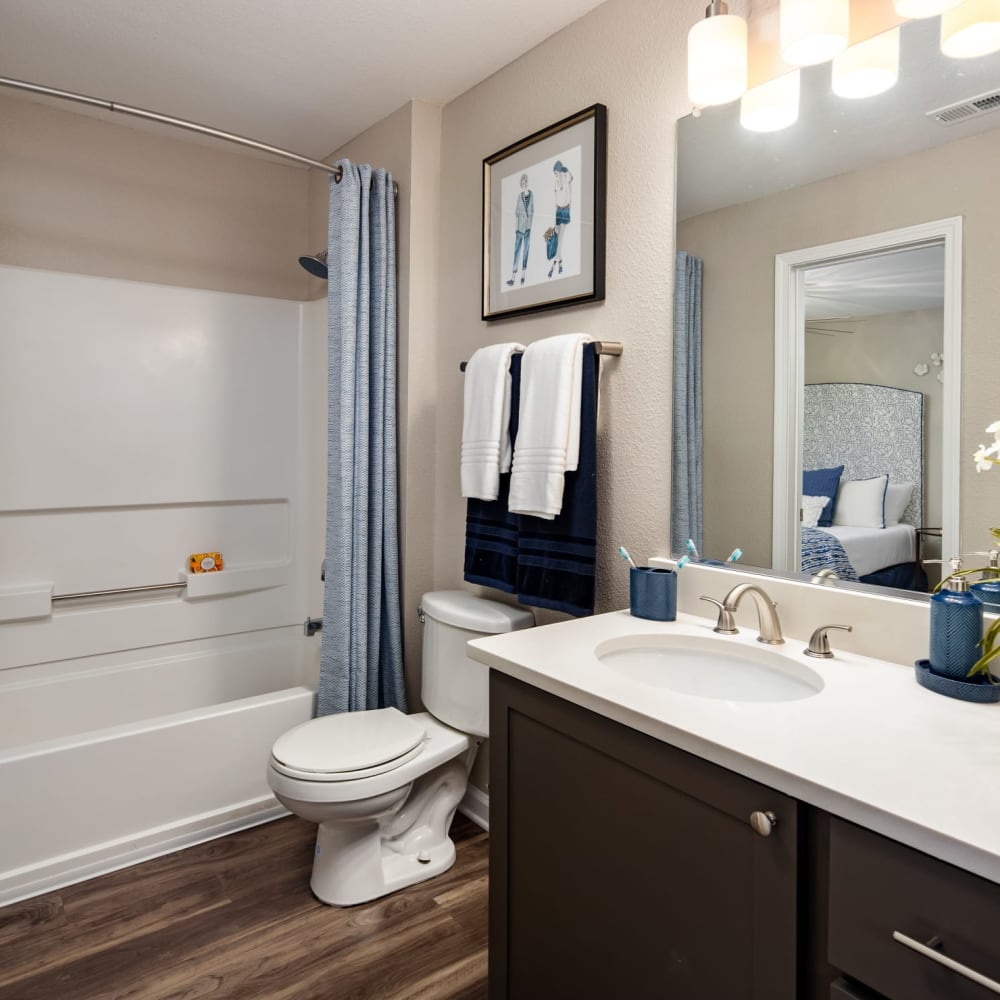 Wood flooring in an apartment bathroom with a full bathtub at Heritage at Riverstone in Canton, Georgia