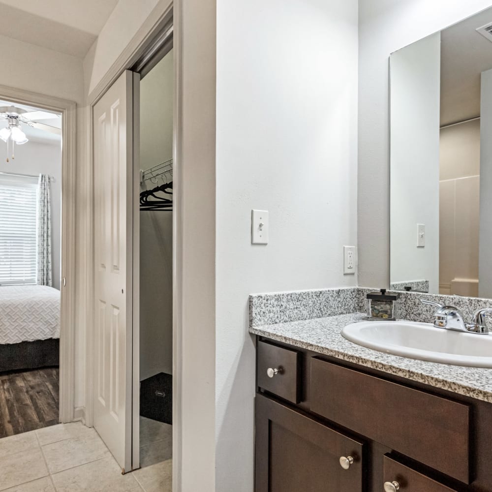 A sink in an apartment bathroom with an attached closet at Reagan Crossing in Covington, Louisiana