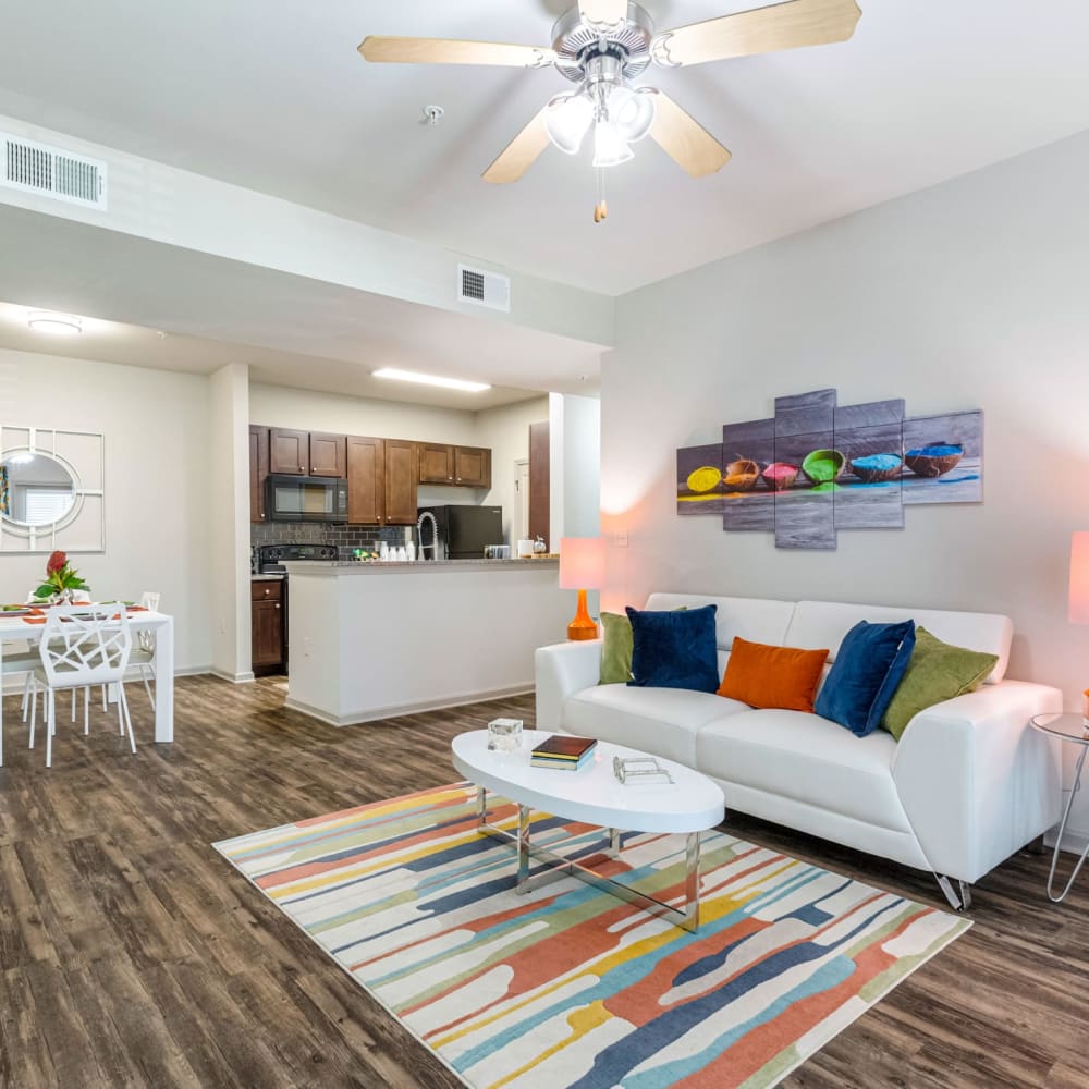 Wood flooring in a furnished apartment living room at Reagan Crossing in Covington, Louisiana