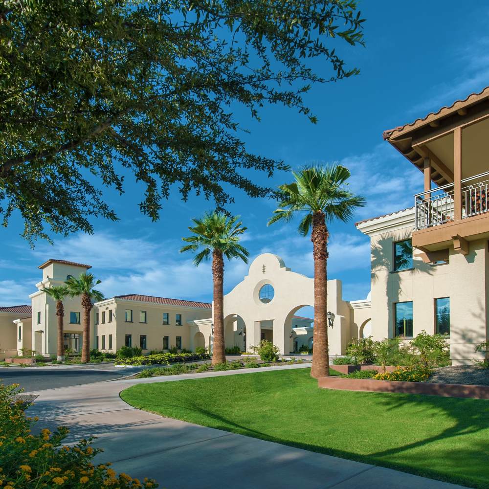 Exterior view with palm trees at Clearwater Agritopia in Gilbert, Arizona