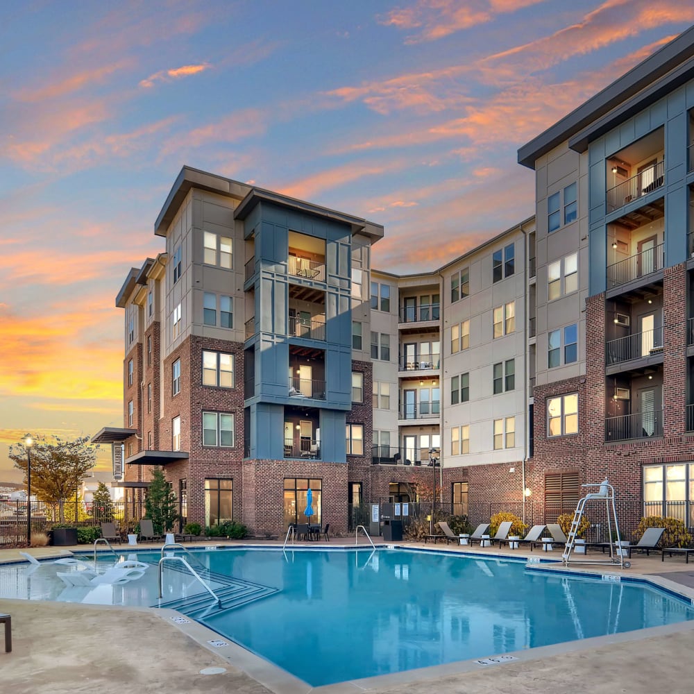 The community swimming pool at dusk at Liberty Mill in Germantown, Maryland