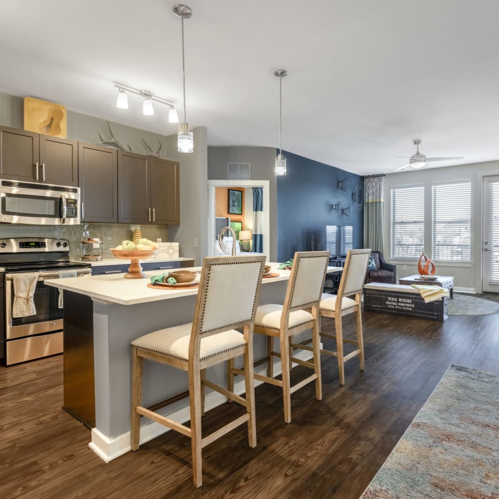 Bar seating at a kitchen island at Liberty Mill in Germantown, Maryland