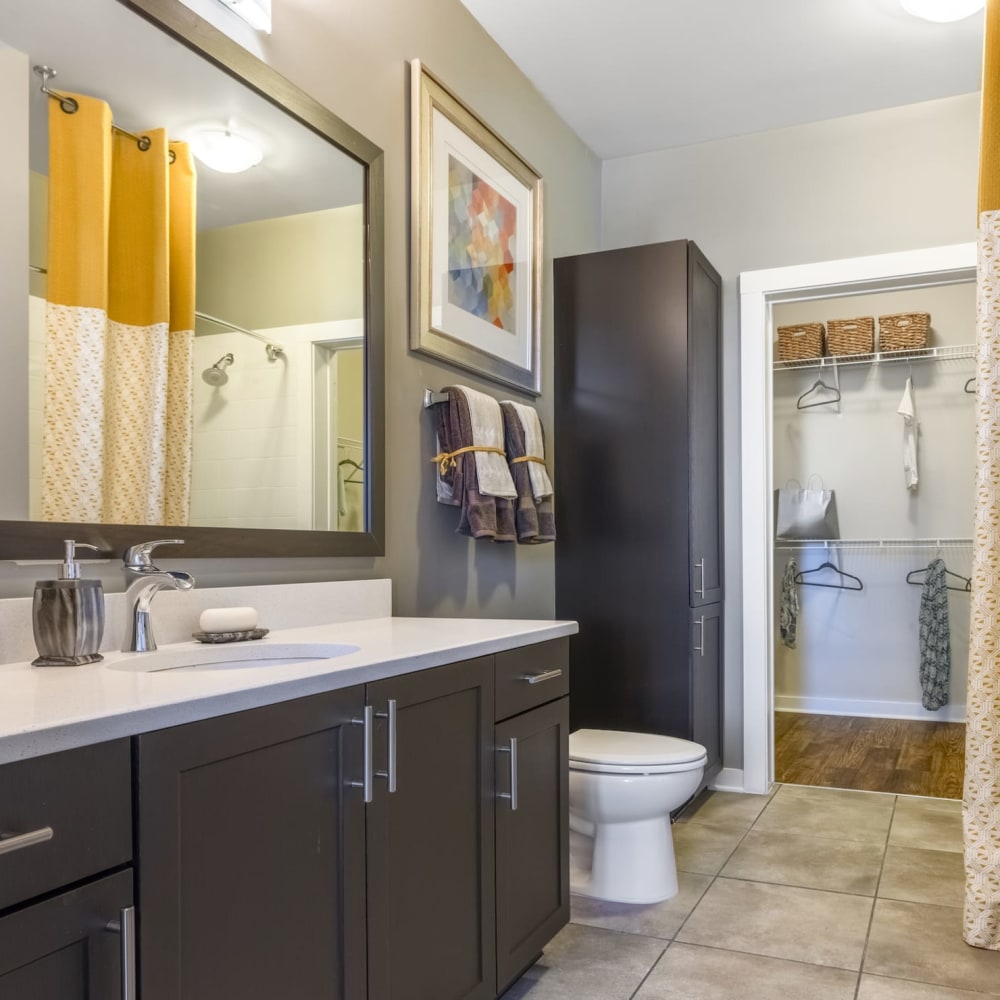 A spacious apartment bathroom at Liberty Mill in Germantown, Maryland