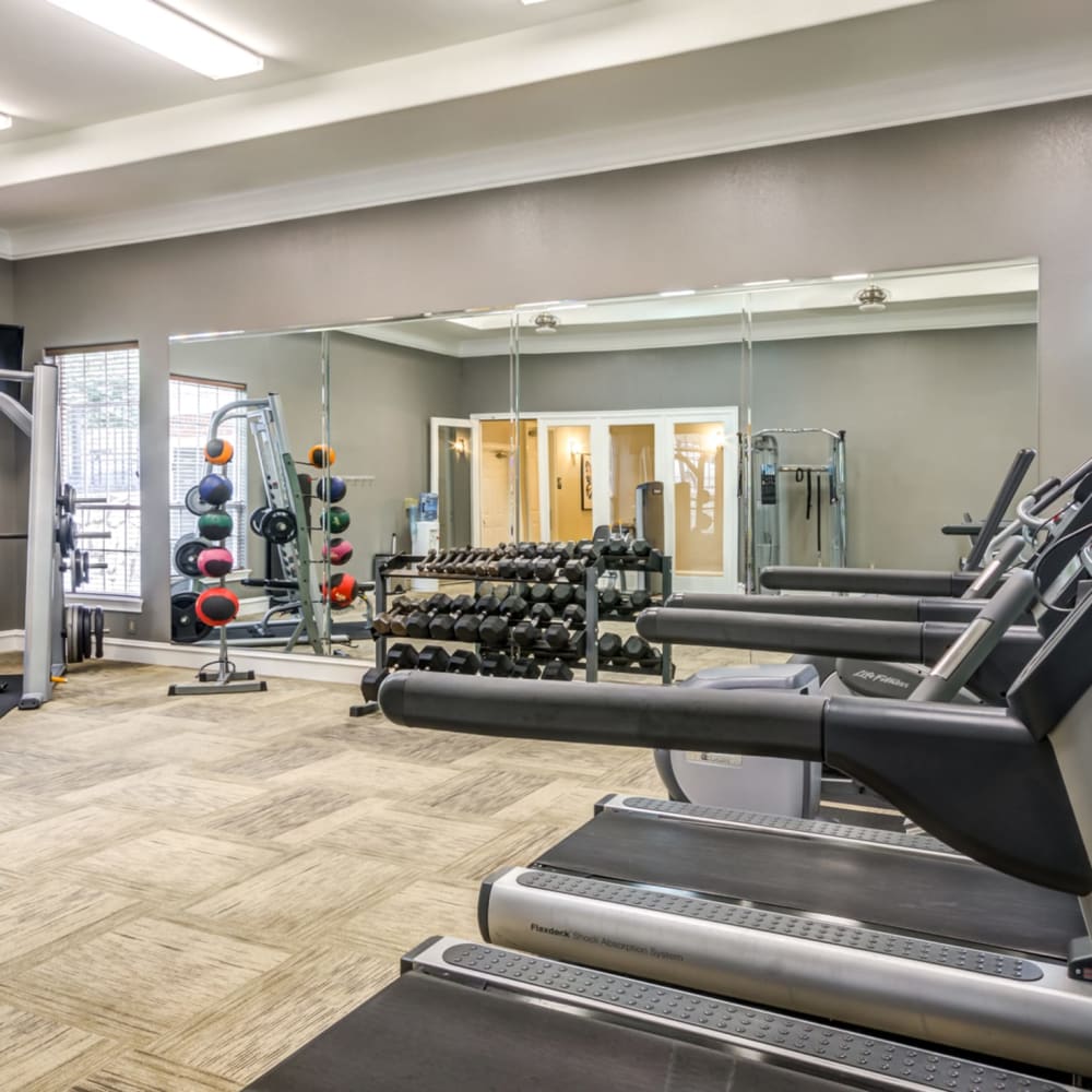 Exercise equipment in the fitness center at Mode at Owings Mills in Owings Mills, Maryland