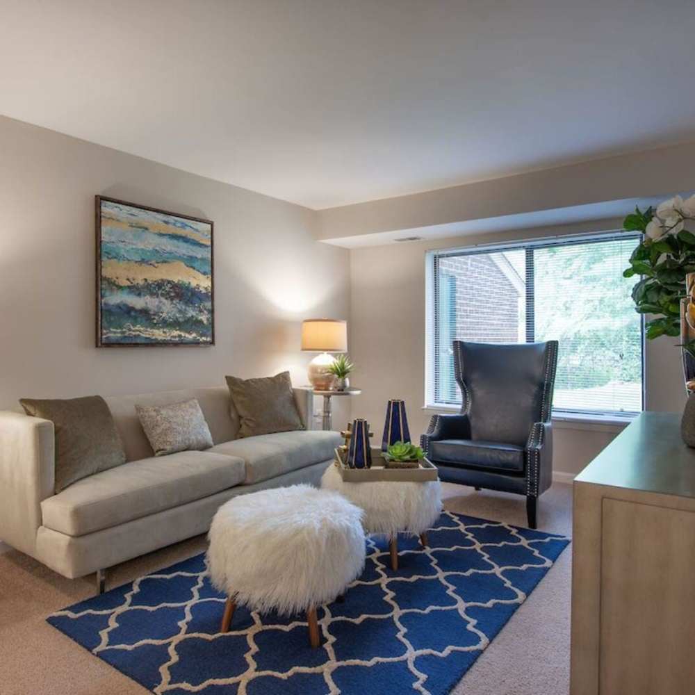 Living room with carpet style flooring and plenty of room for a couch and more at The Elms at Old Mill in Millersville, Maryland