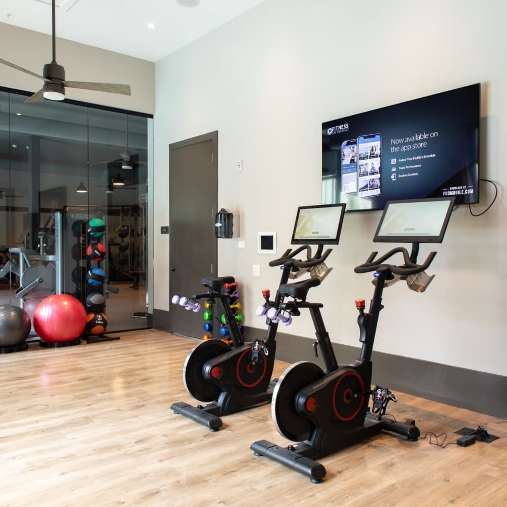 Spin bikes in the fitness center at Foundry Yards in Birmingham, Alabama