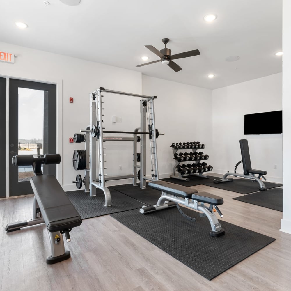 Lifting equipment in the fitness center at The Station at Clift Farm in Madison, Alabama