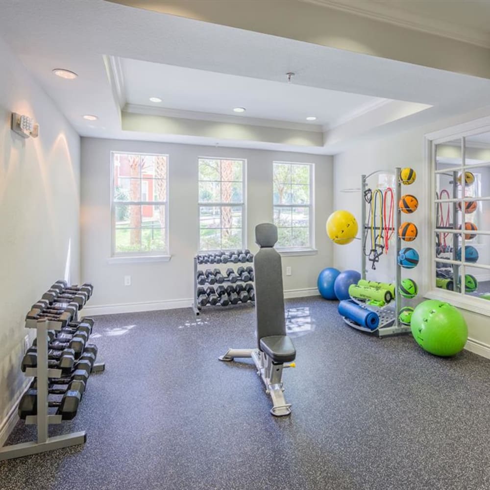 Weights and exercise equipment in the fitness center at Evergreens at Mahan in Tallahassee, Florida