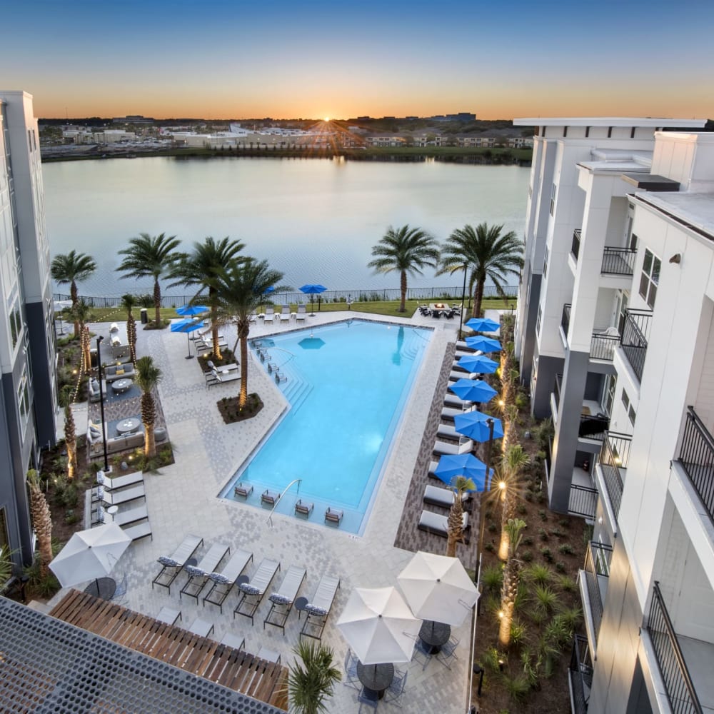 Aerial view of the community swimming pool at Ravella at Town Center in Jacksonville, Florida