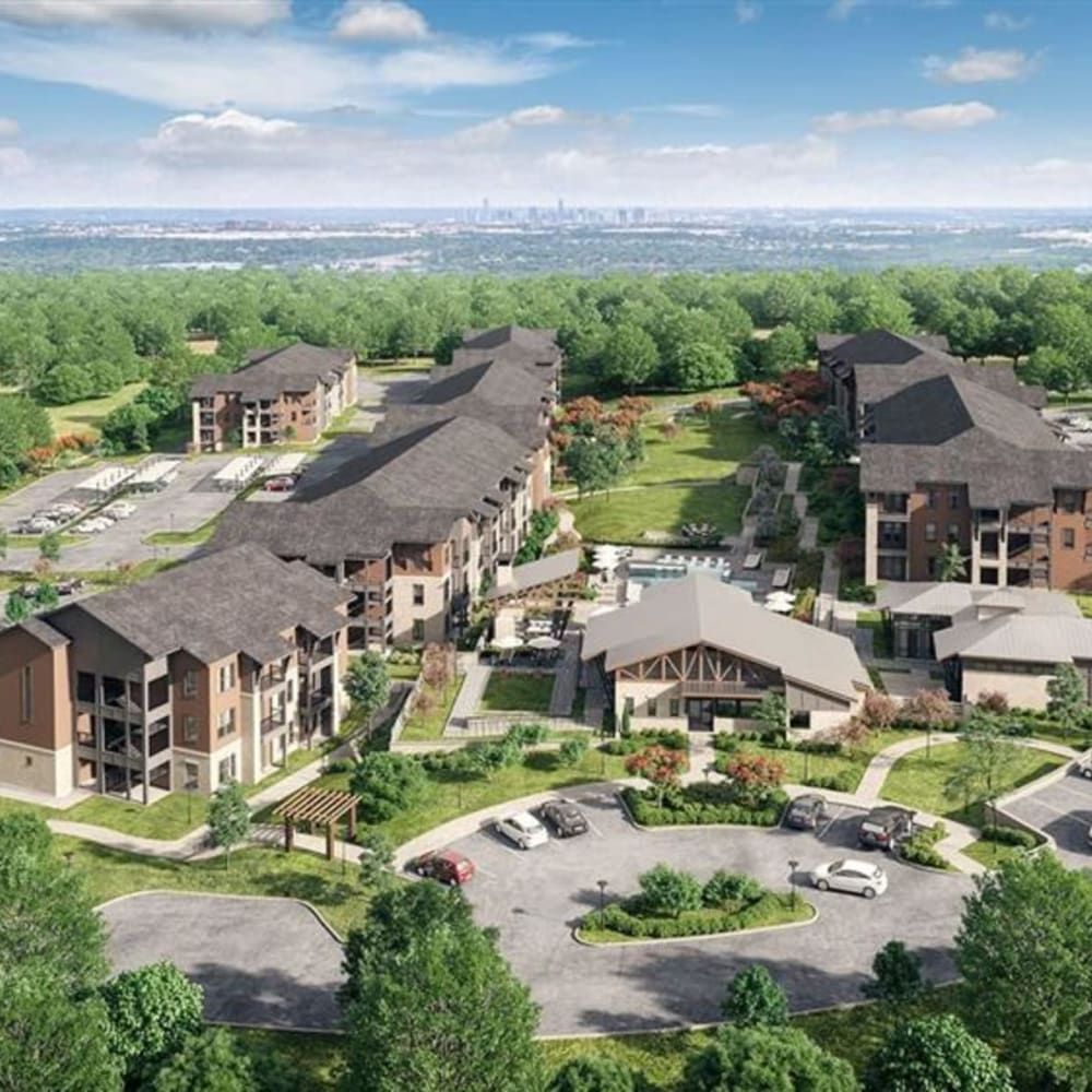 Aerial view of the community at Cypress McKinney Falls in Austin, Texas