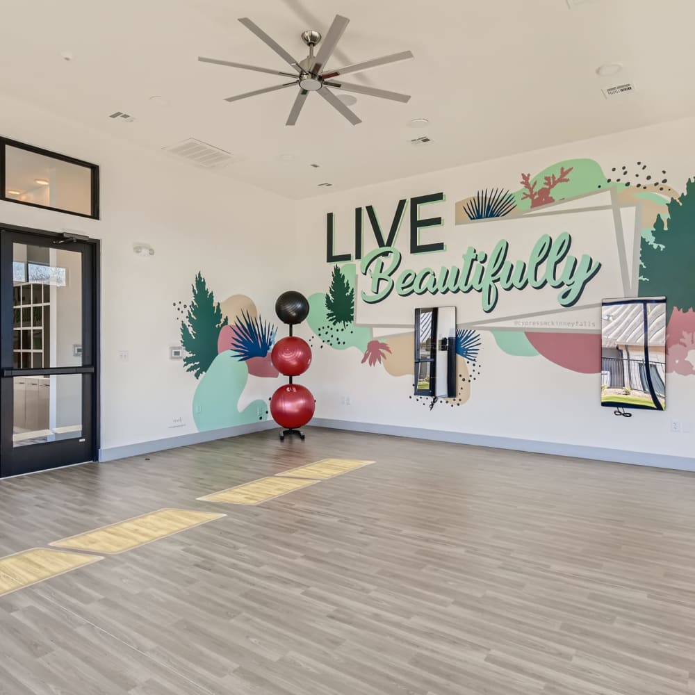 Interior of the yoga studio at Cypress McKinney Falls in Austin, Texas