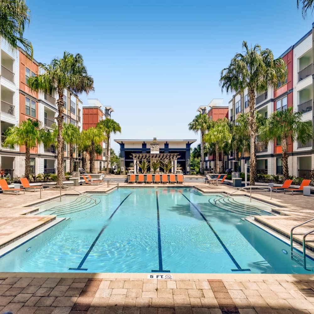 The resort-style community swimming pool at EOS in Orlando, Florida