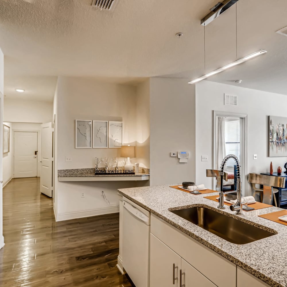 A modern faucet and granite countertops in an apartment kitchen at EOS in Orlando, Florida