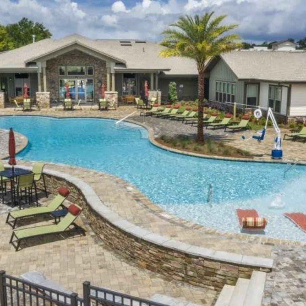 Aerial view of the community swimming pool at Retreat at Fairhope Village in Fairhope, Alabama