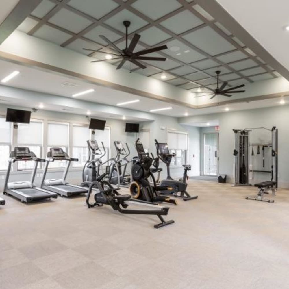 Exercise equipment in the fitness center at Retreat at Fairhope Village in Fairhope, Alabama