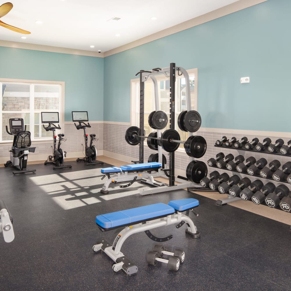 Lifting equipment in the fitness center at The Alexandria in Madison, Alabama