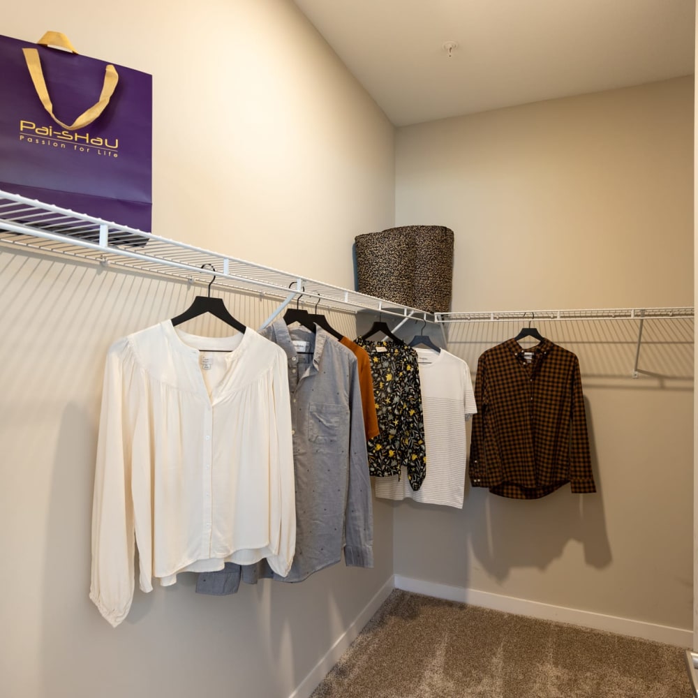 A large closet with clothes handing at The Alexandria in Madison, Alabama
