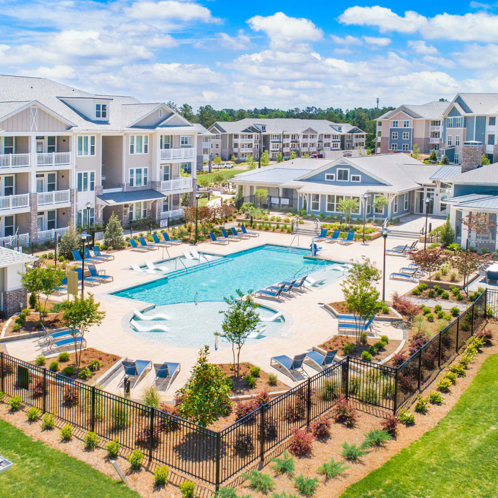 Aerial view of the community and swimming pool at The Highland in Augusta, Georgia