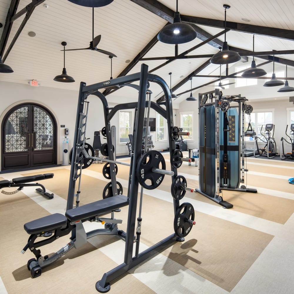 A weight lifting bench in the fitness center at The Highland in Augusta, Georgia