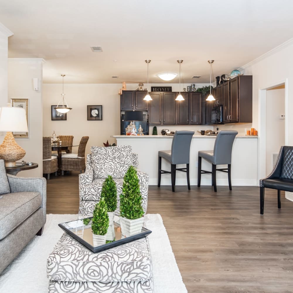 A furnished apartment living room and dining room with the kitchen in the background at Riverstone in Macon, Georgia