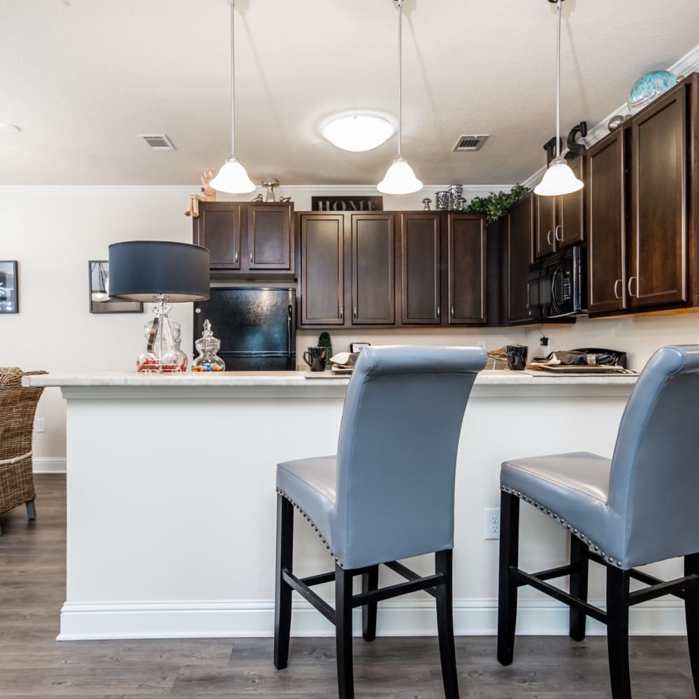 Bar seating in the apartment kitchen at Riverstone in Macon, Georgia