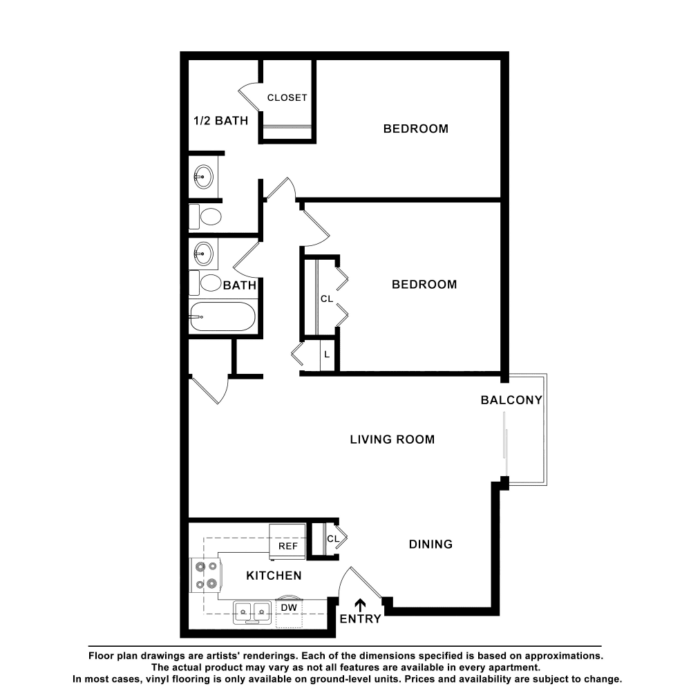 2x1.5 floor plan drawing at Avondale Reserve Apartment Homes in Avondale Estates, Georgia