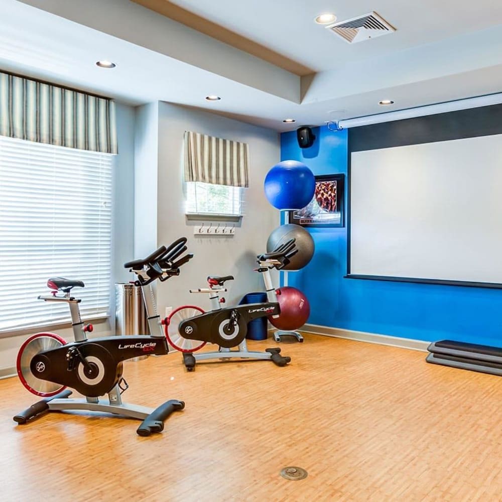Spin bikes and a projection screen in the fitness center at The Courts of Avalon in Pikesville, Maryland