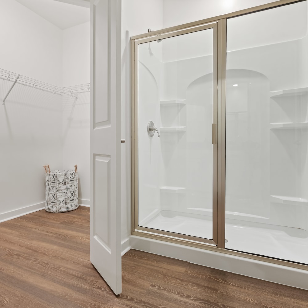 Spacious shower with glass doors at Archer at Brookhill in Charlottesville, Virginia