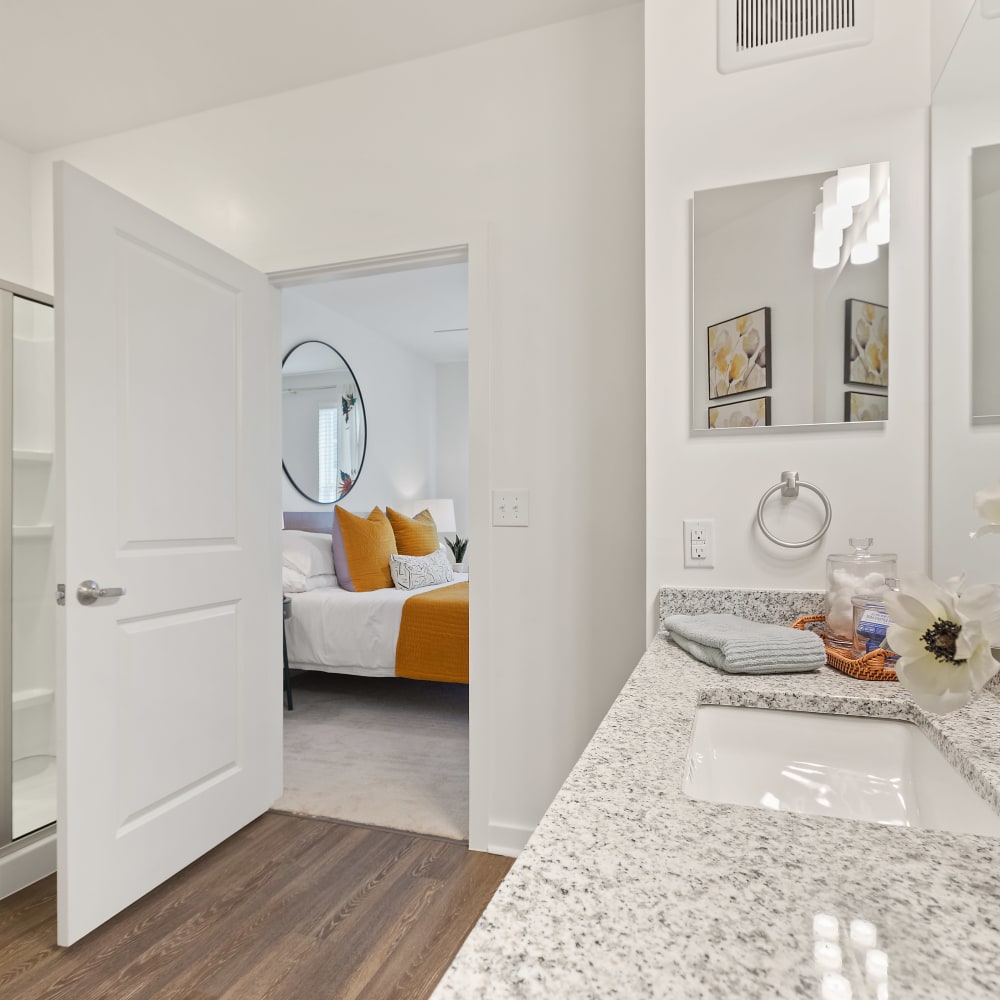 Bathroom with granite counters at Archer at Brookhill in Charlottesville, Virginia