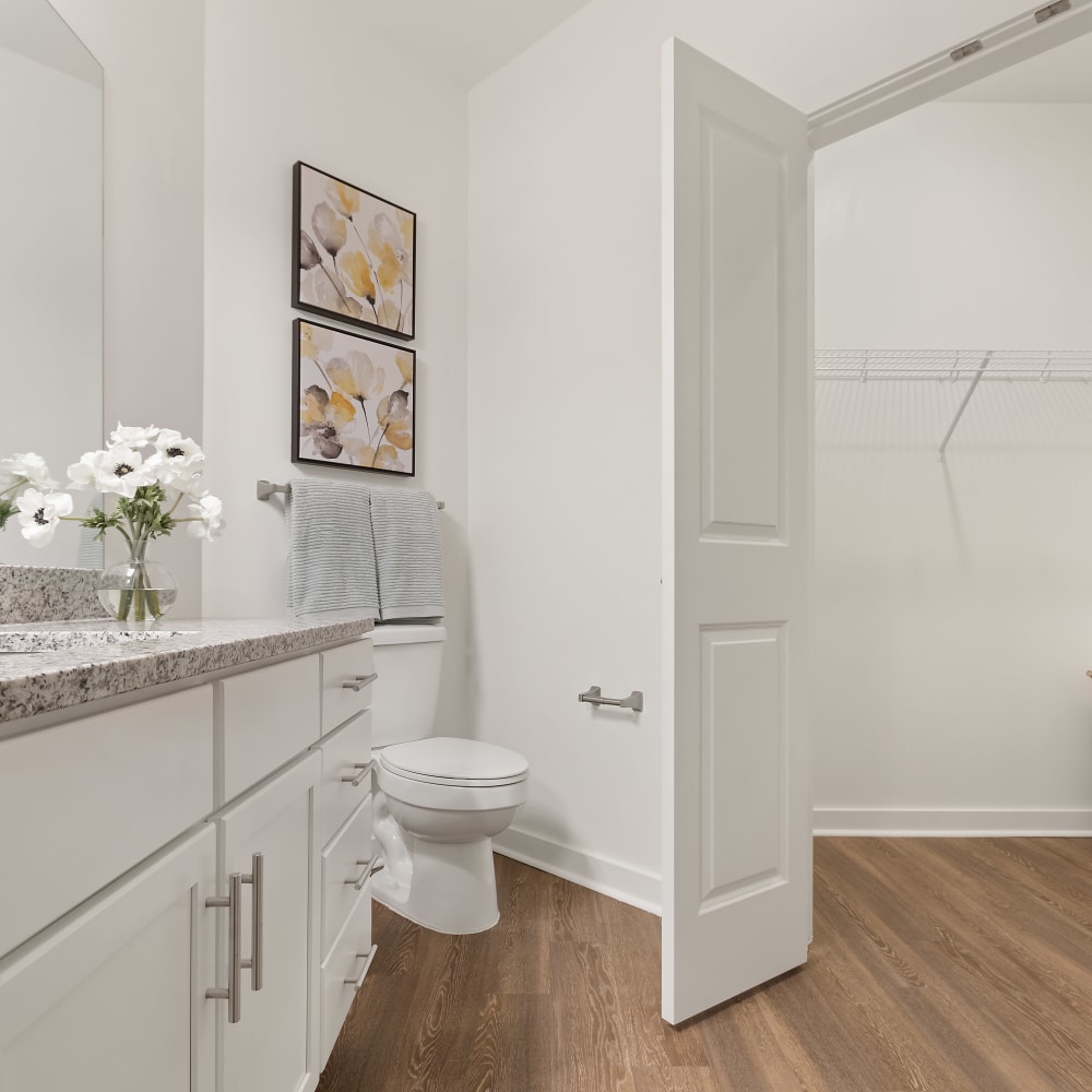 Bathroom with wood-style flooring at Archer at Brookhill in Charlottesville, Virginia