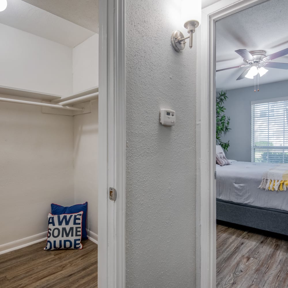 Bedroom and closet area of Kingswood Village Apartments in Houston, Texas
