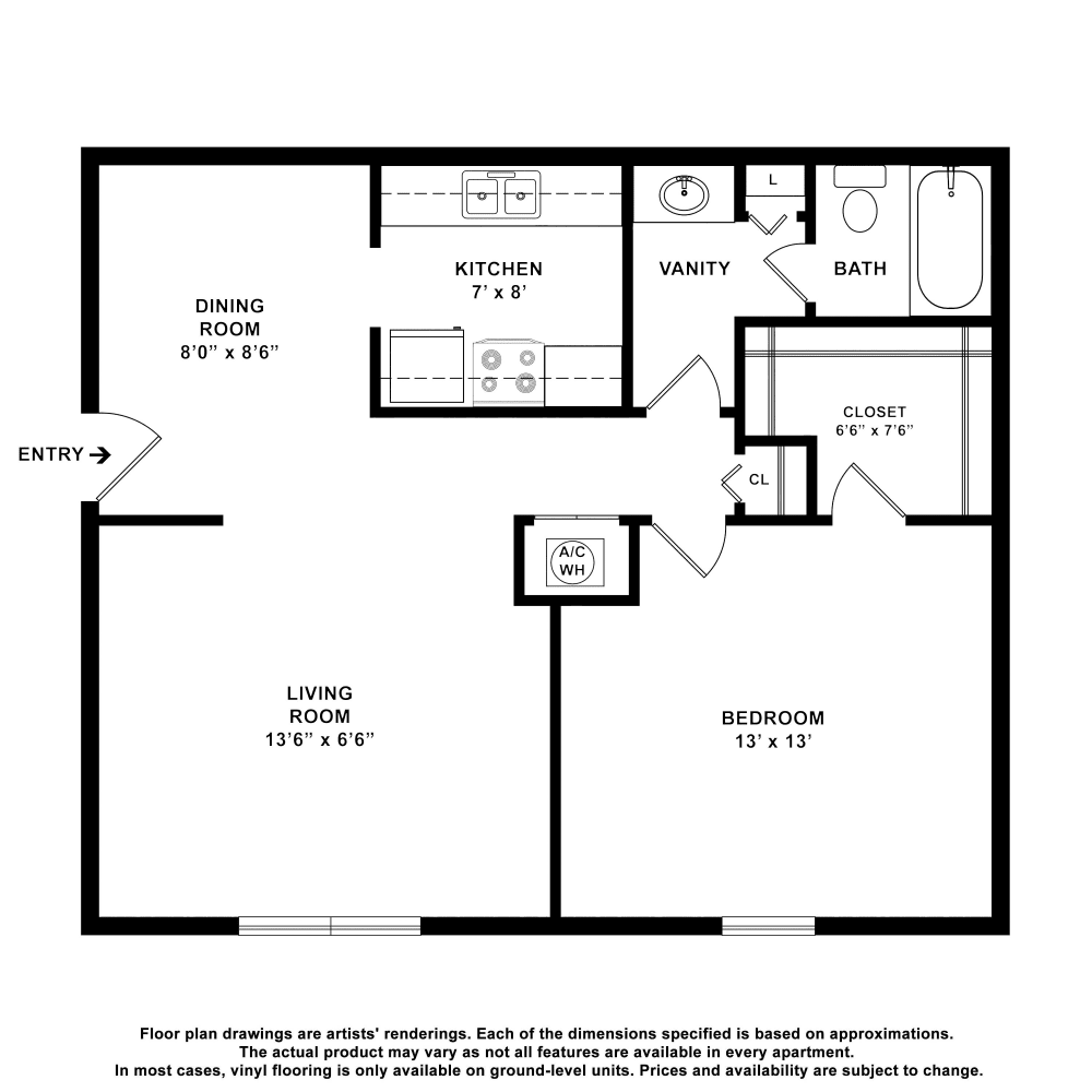1x1 floor plan drawing at The Village at Crestview Apartments in Madison, Tennessee