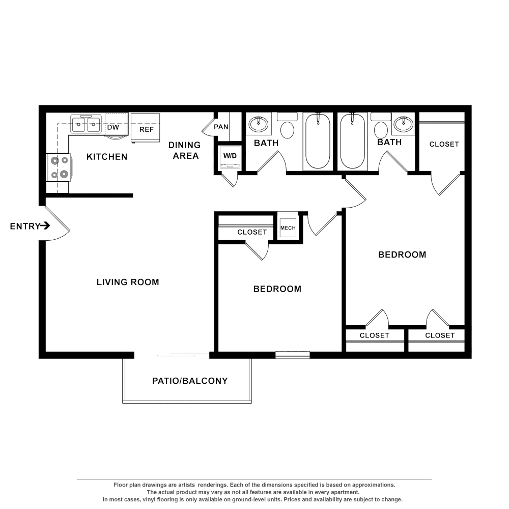 2x2 floor plan drawing at The Reserve at Red Bank Apartment Homes in Chattanooga, Tennessee