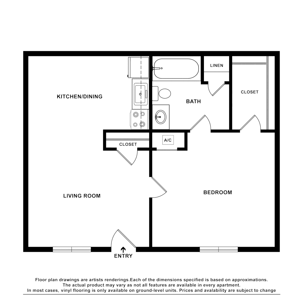 1x1.5 floor plan drawing at The Hills at Oakwood Apartment Homes in Chattanooga, Tennessee
