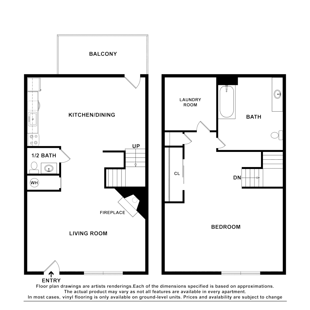1x1.5 floor plan drawing at The Hills at Oakwood Apartment Homes in Chattanooga, Tennessee