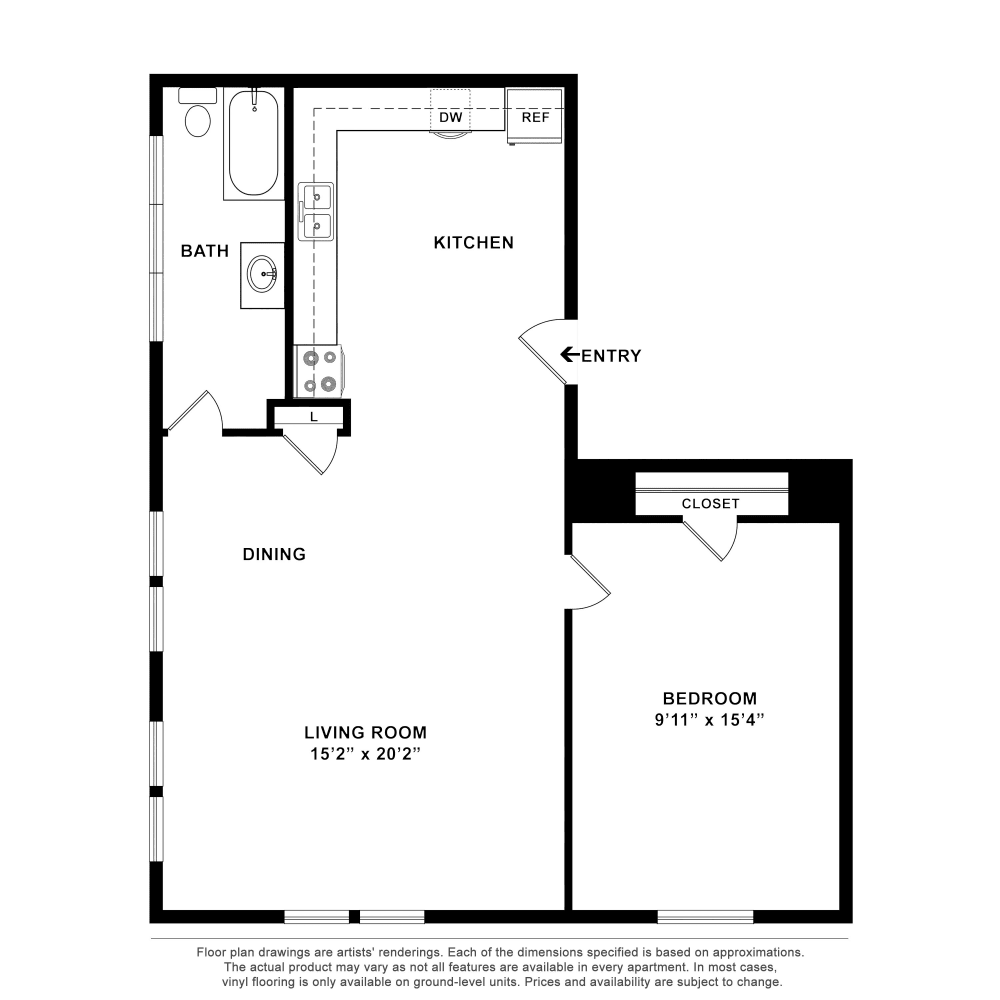 1x1 floor plan drawing at The Grand Apartments in Chattanooga, Tennessee