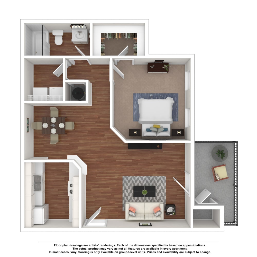 1x1 floor plan drawing at The Cove at Cloud Springs Apartment Homes in Fort Oglethorpe, Georgia